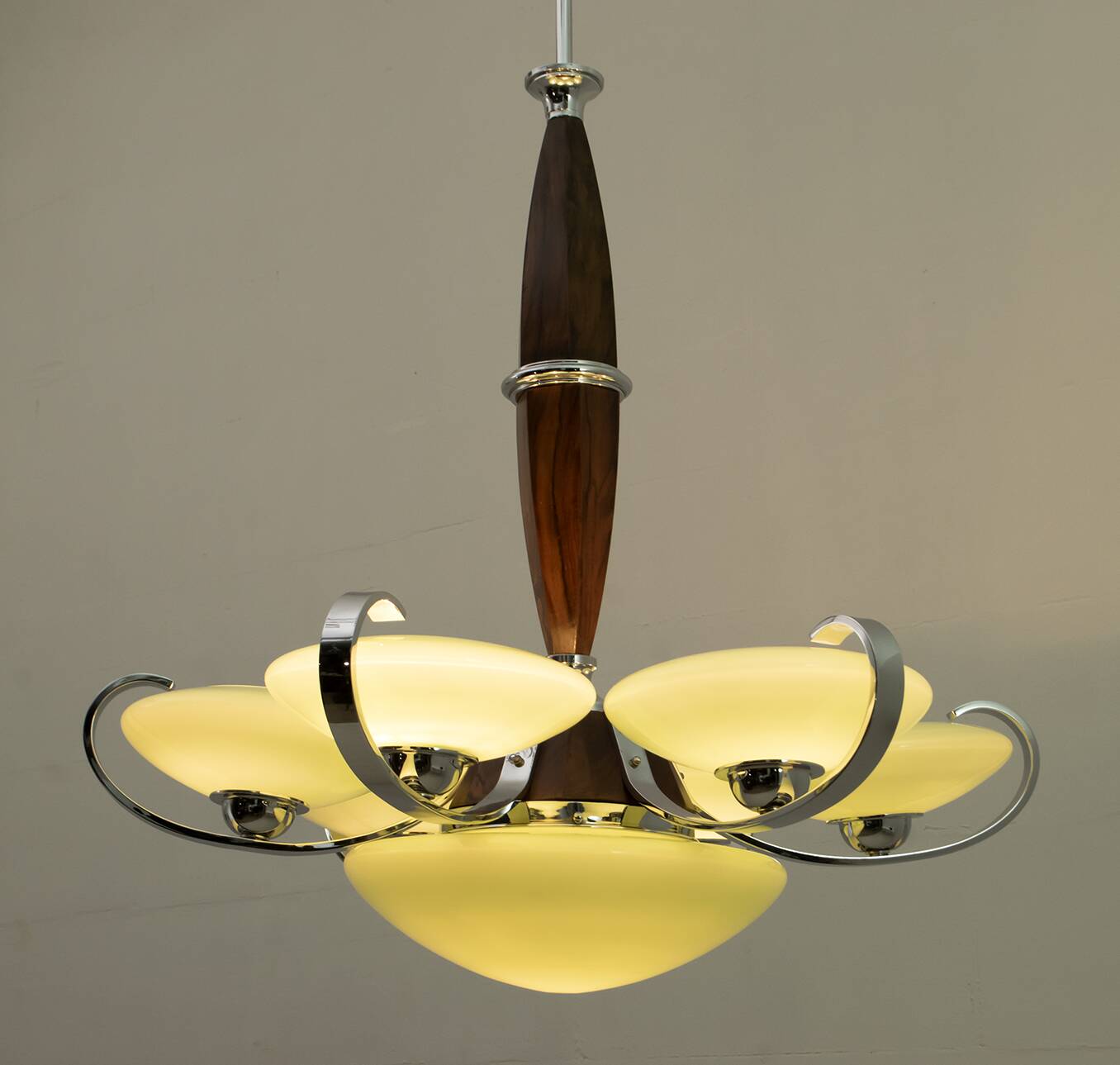 Art Deco Italian Chrome and "Incamiciato" Glass Chandelier, 1930s