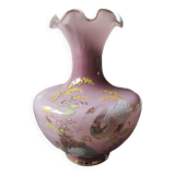 Japanese opaline vase in old pink tones. Swan decoration and polychrome floral motifs.