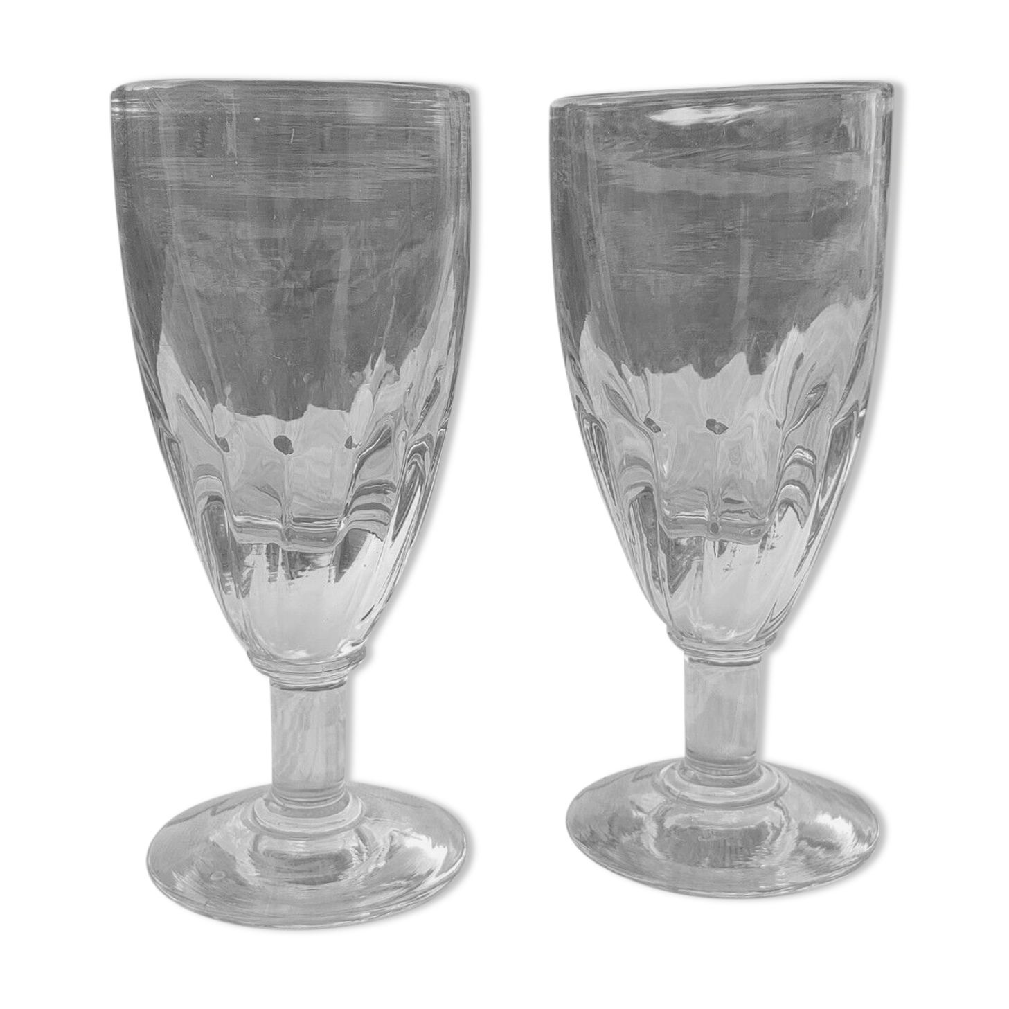 2 verres anciens à absinthe de bistrot, verre épais base torsadée XIXème