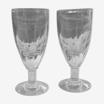 2 verres anciens à absinthe de bistrot, verre épais base torsadée XIXème