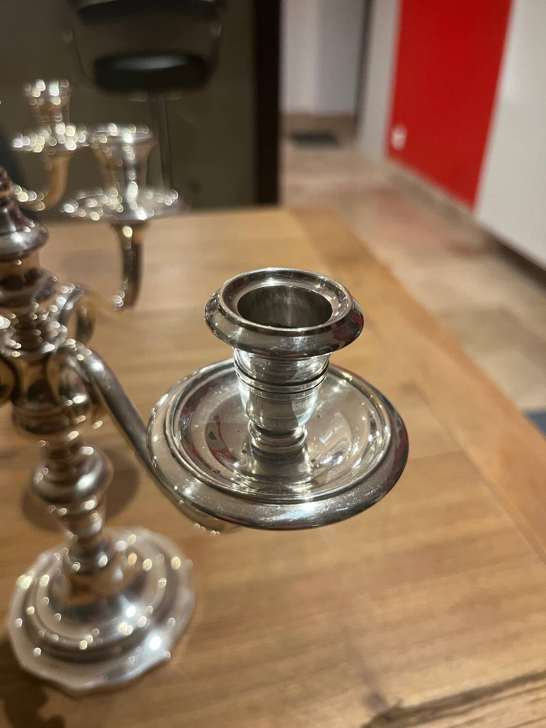 Pair of candelabra, three silver-plated metal lights