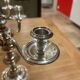 Pair of candelabra, three silver-plated metal lights
