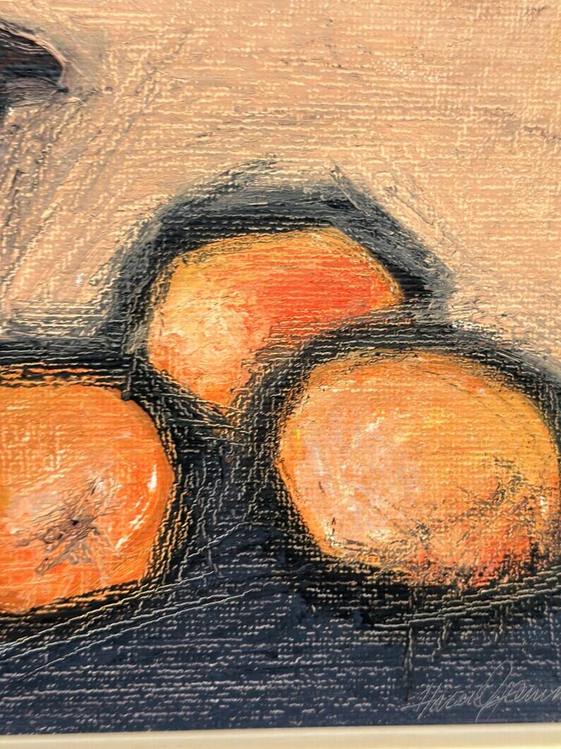 Original Swedish Oil on Panel – "Kattle and Oranges" by Herald – Signed – Dated 1966 – Framed Vintage Piece