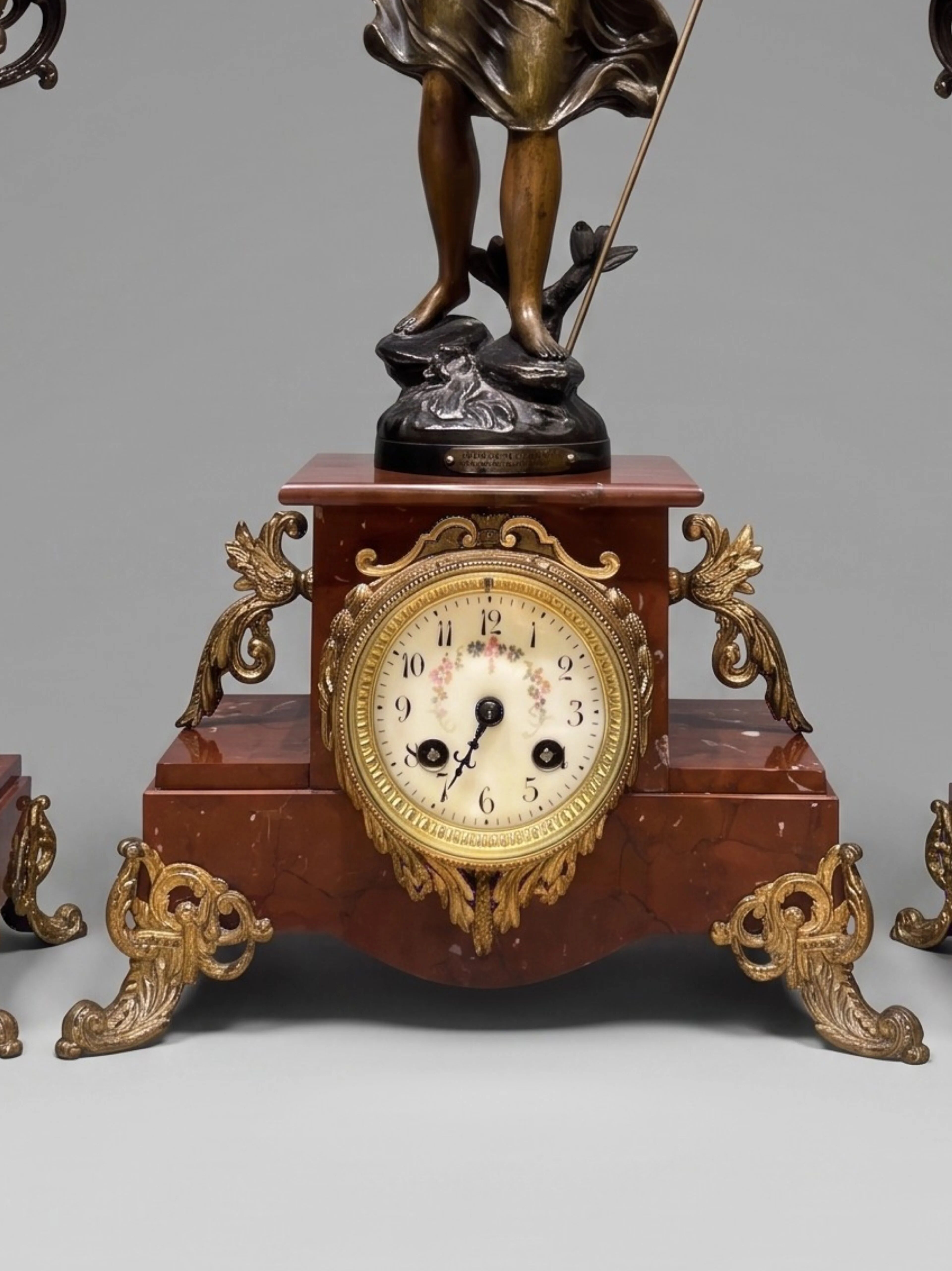 Large Napoleon III fireplace garniture in red marble and patinated regulus signed Guillemin – clock & candelabras 19th century