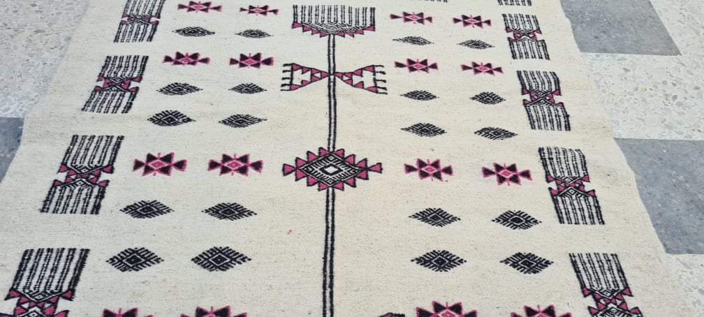Hand-made black and pink white wool rug  210x105cm