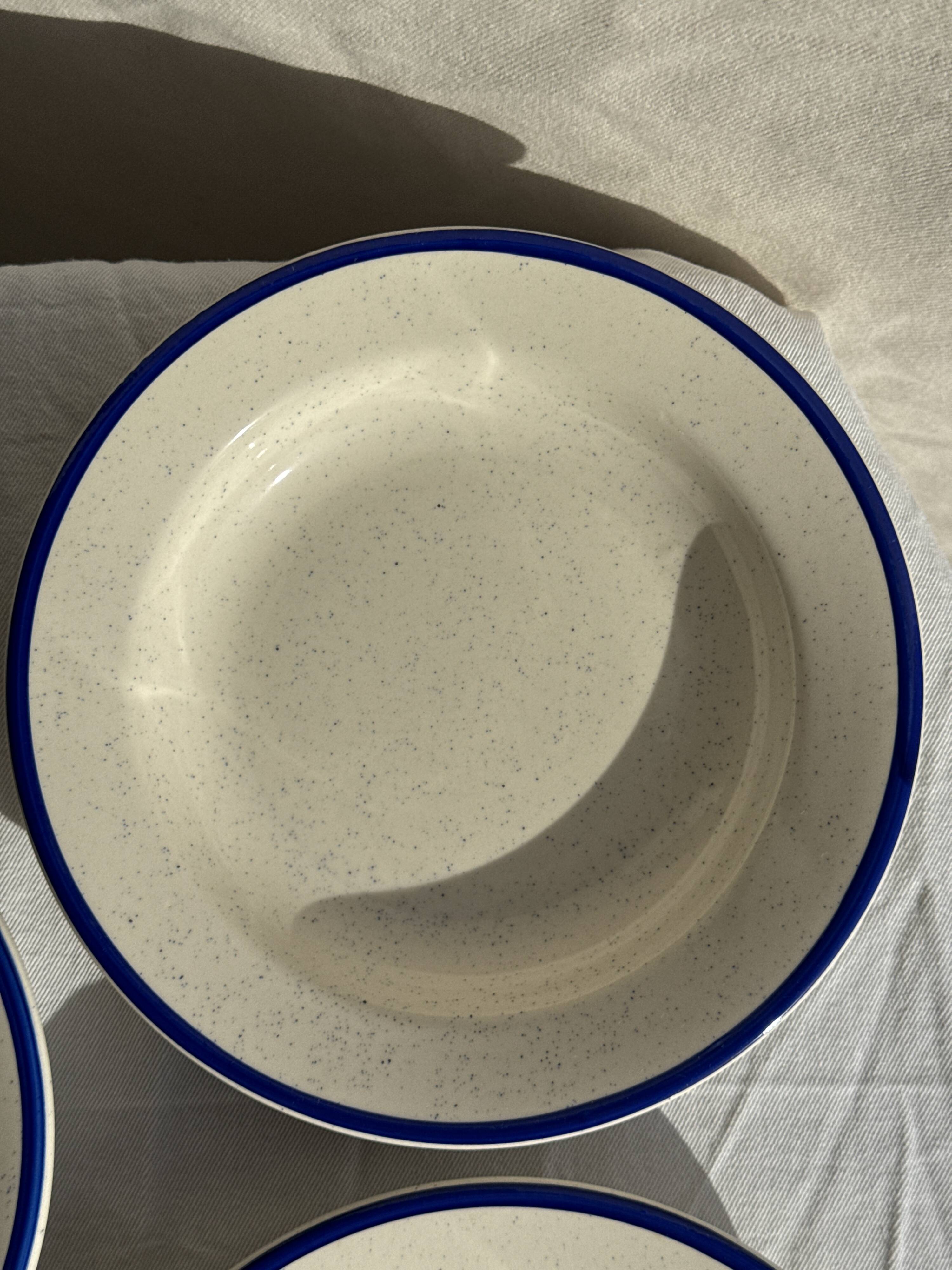 Set consisting of 6 beige flat plates with a blue rim + 3 deep plates.