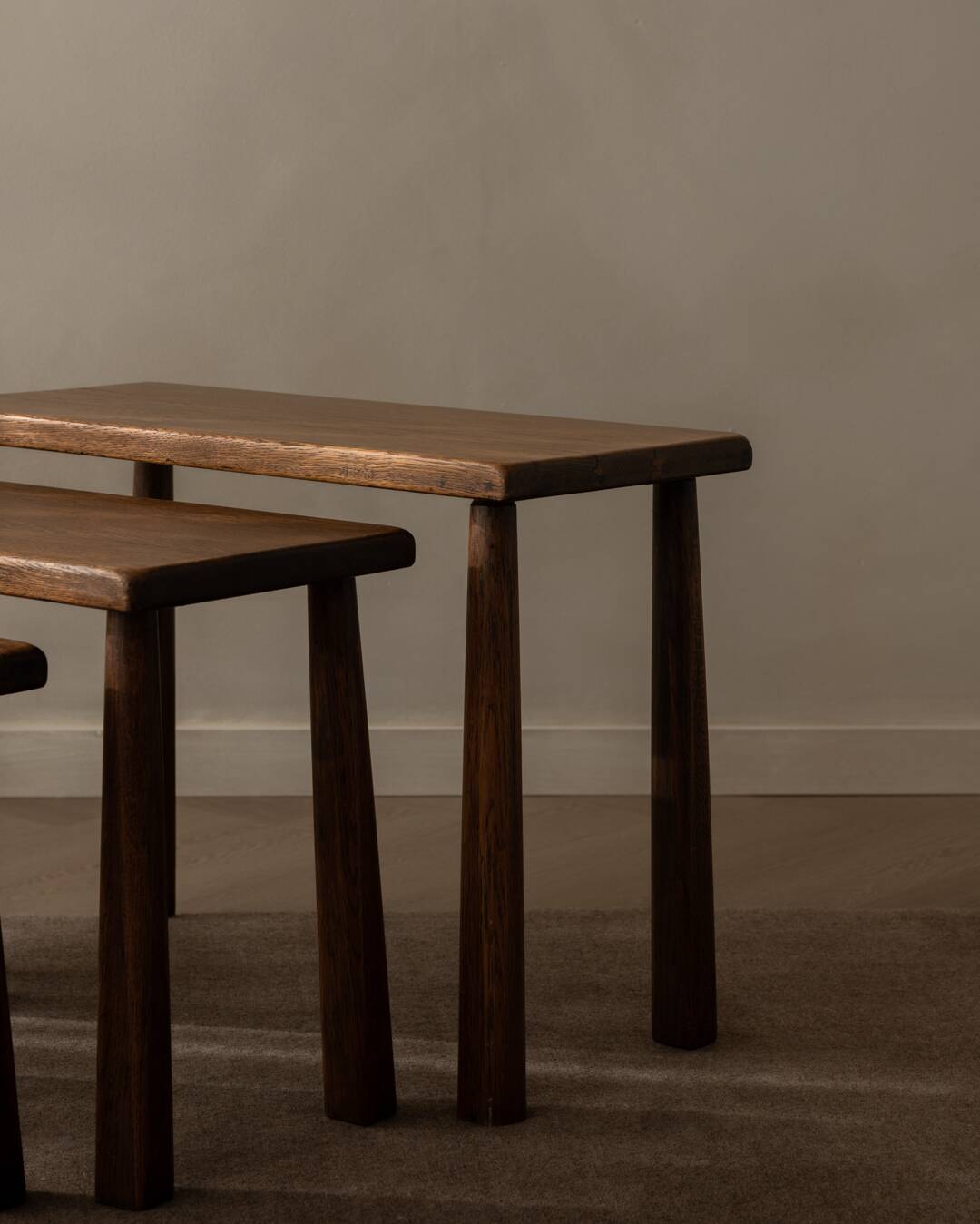 Vintage Oak Nesting Tables (Set of 3) – Rustic Modernist Side Tables, 1970s