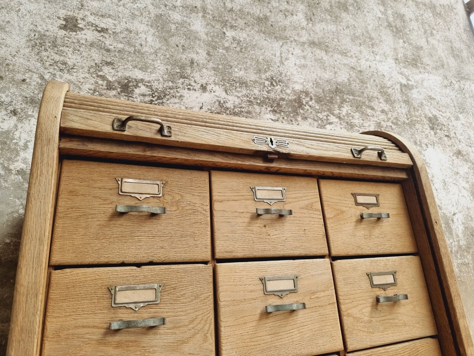 Antique roller shutter cabinet oak chest of drawers