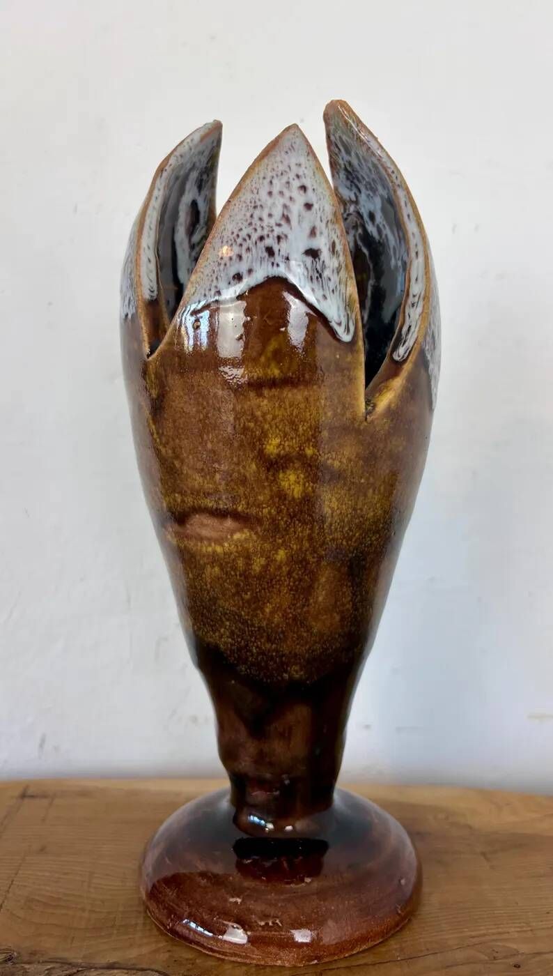 Vintage Mid-Century Modern Studio Pottery Tulip Lotus Bud Pedestal Vase - Earthen Brown & White Glaze