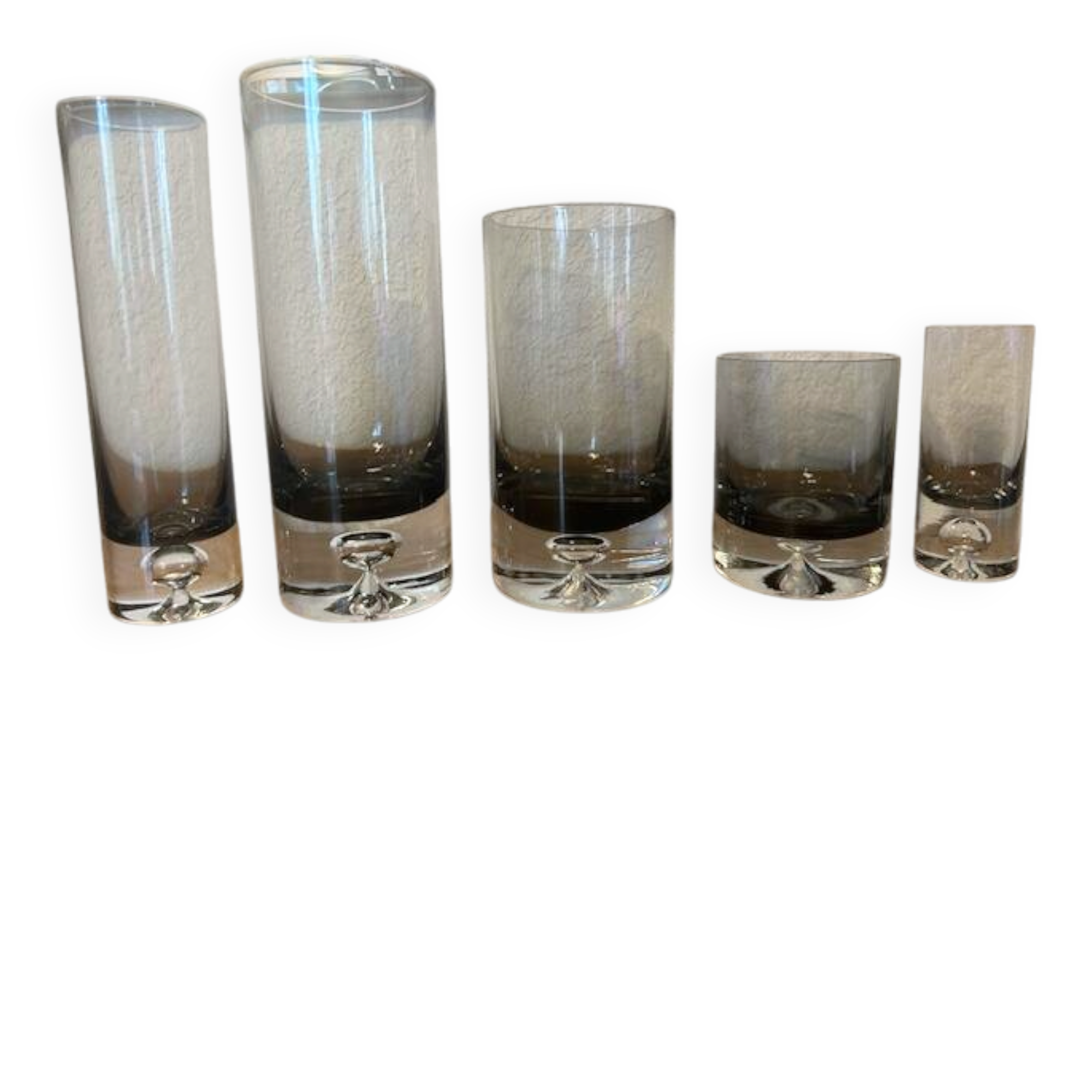 Set of black smoked glasses with large bubbles from the 1970s.