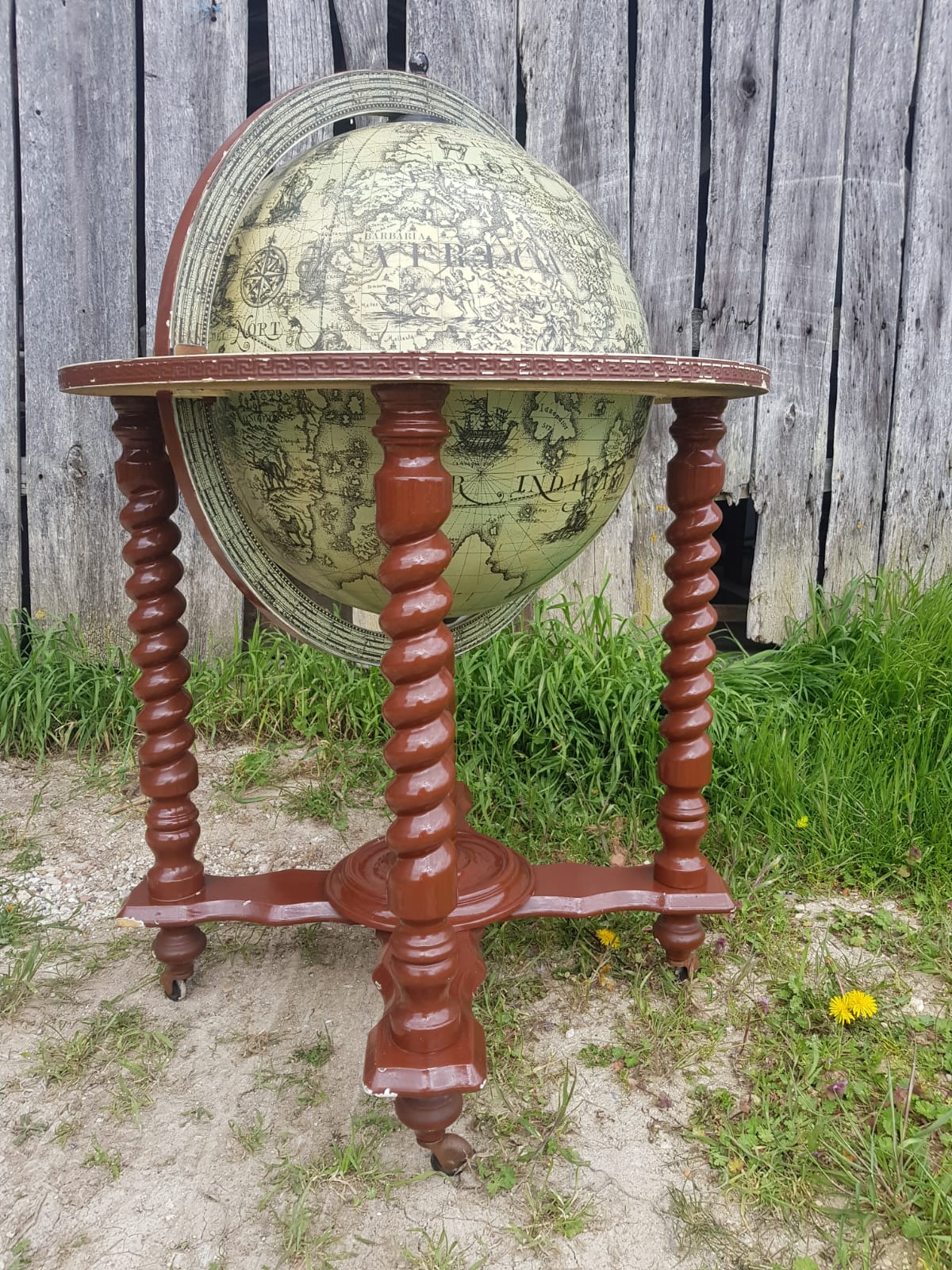Former Bar Mappemonde Structure Wood Torsadé - Globe Metal Turning Vintage