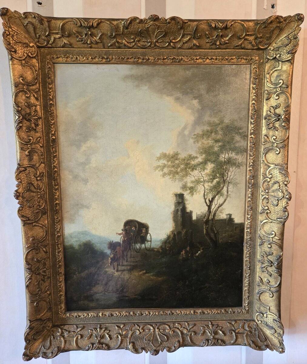 19th Century Italian School: oil on canvas painting "The Diligence"