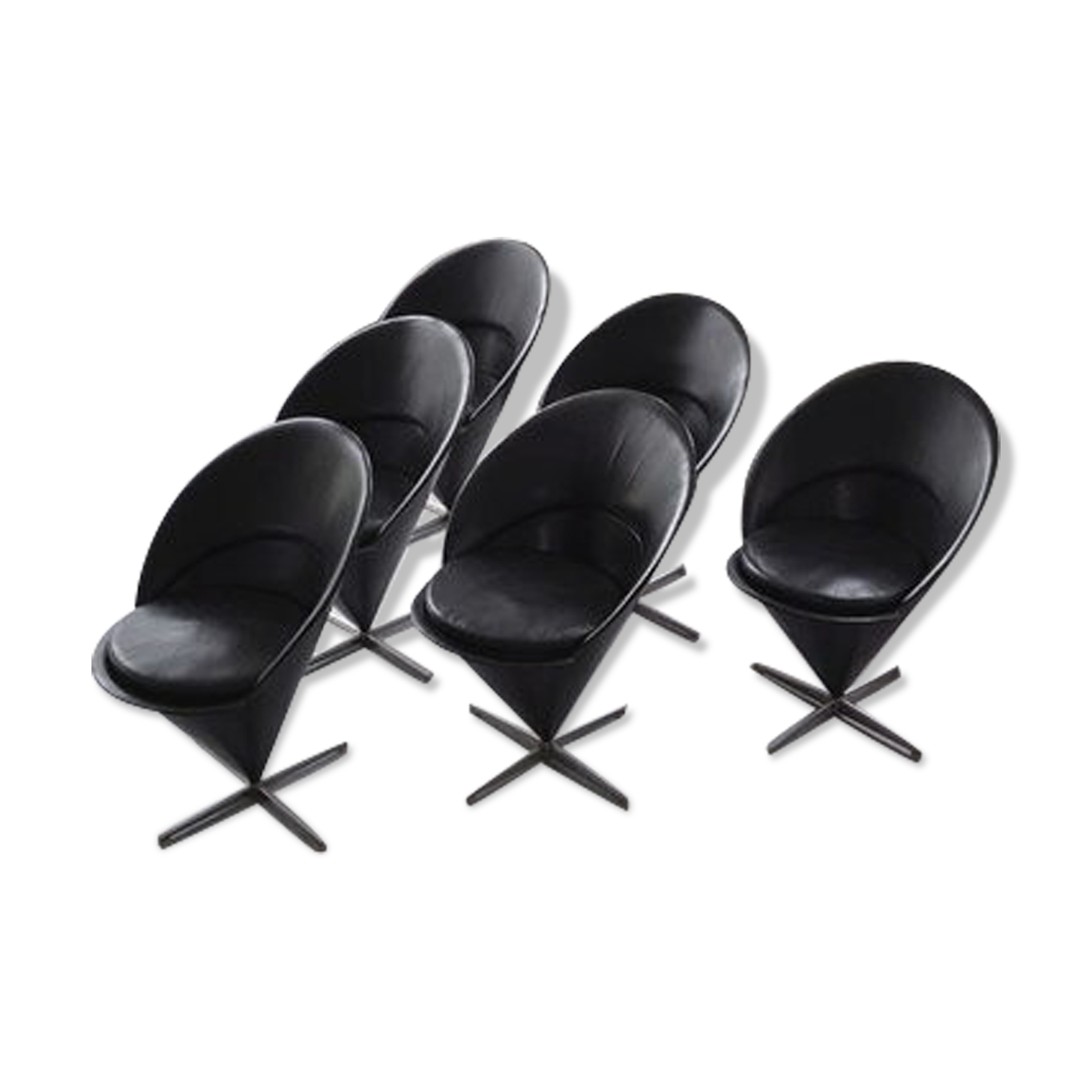 Set of 6 vintage black leather cone chairs by Verner Panton for Gebrüder Nehl