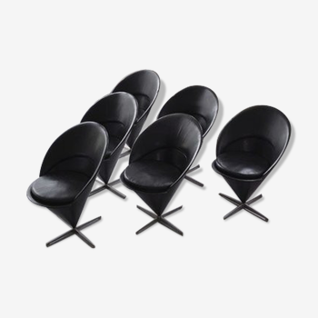 Set de 6 chaises cone vintage en cuir noir par Verner Panton pour Gebrüder Nehl