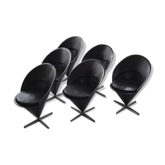 Set of 6 vintage black leather cone chairs by Verner Panton for Gebrüder Nehl