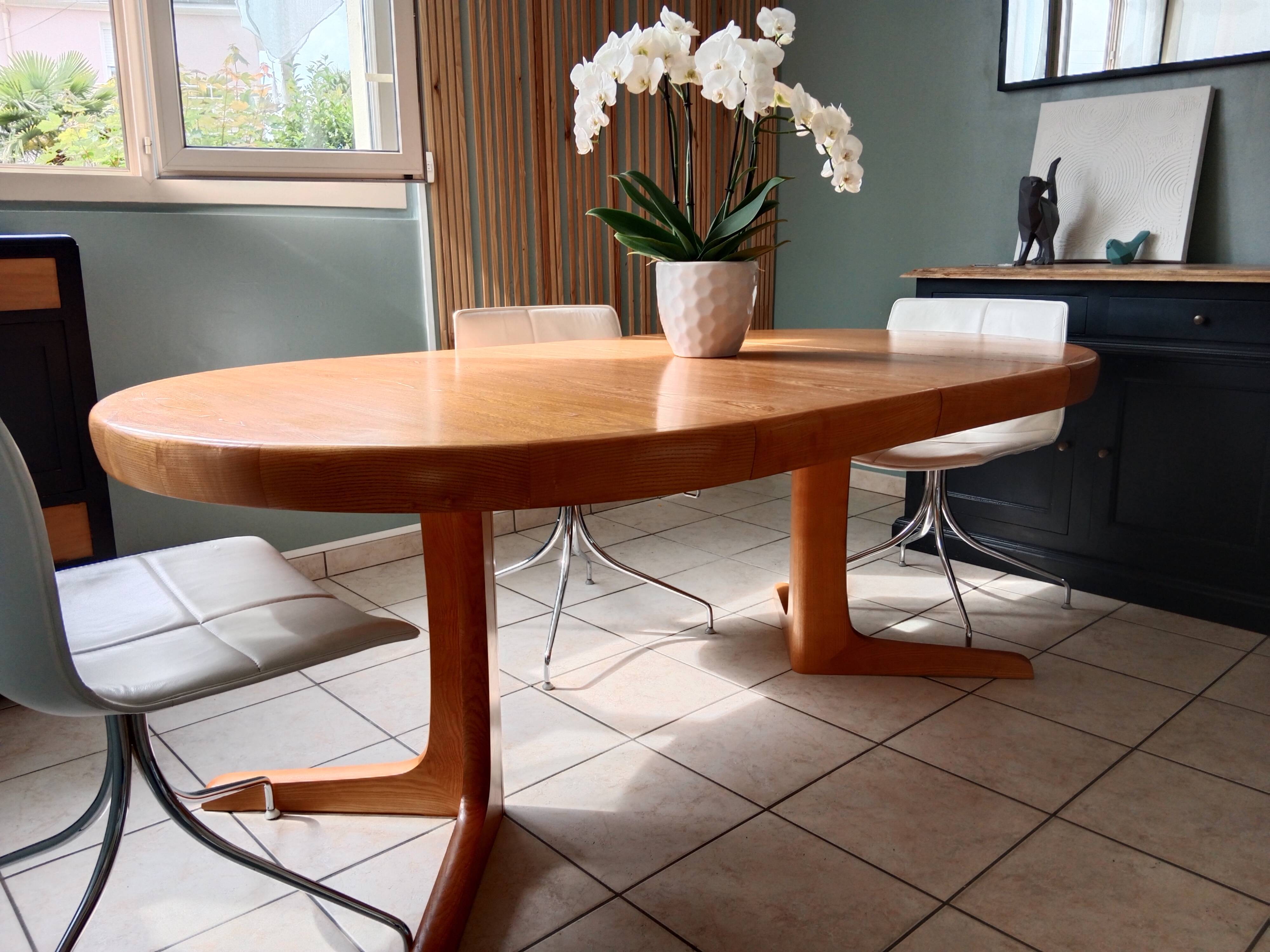 Table Baumann ronde ovale salle à manger bois 2 rallonge scandinave année 60 70