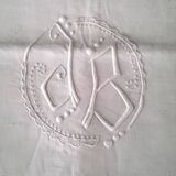 Vintage linen curtain monogrammed JB, embroidered with polka dots and ladder stitches on the return.
