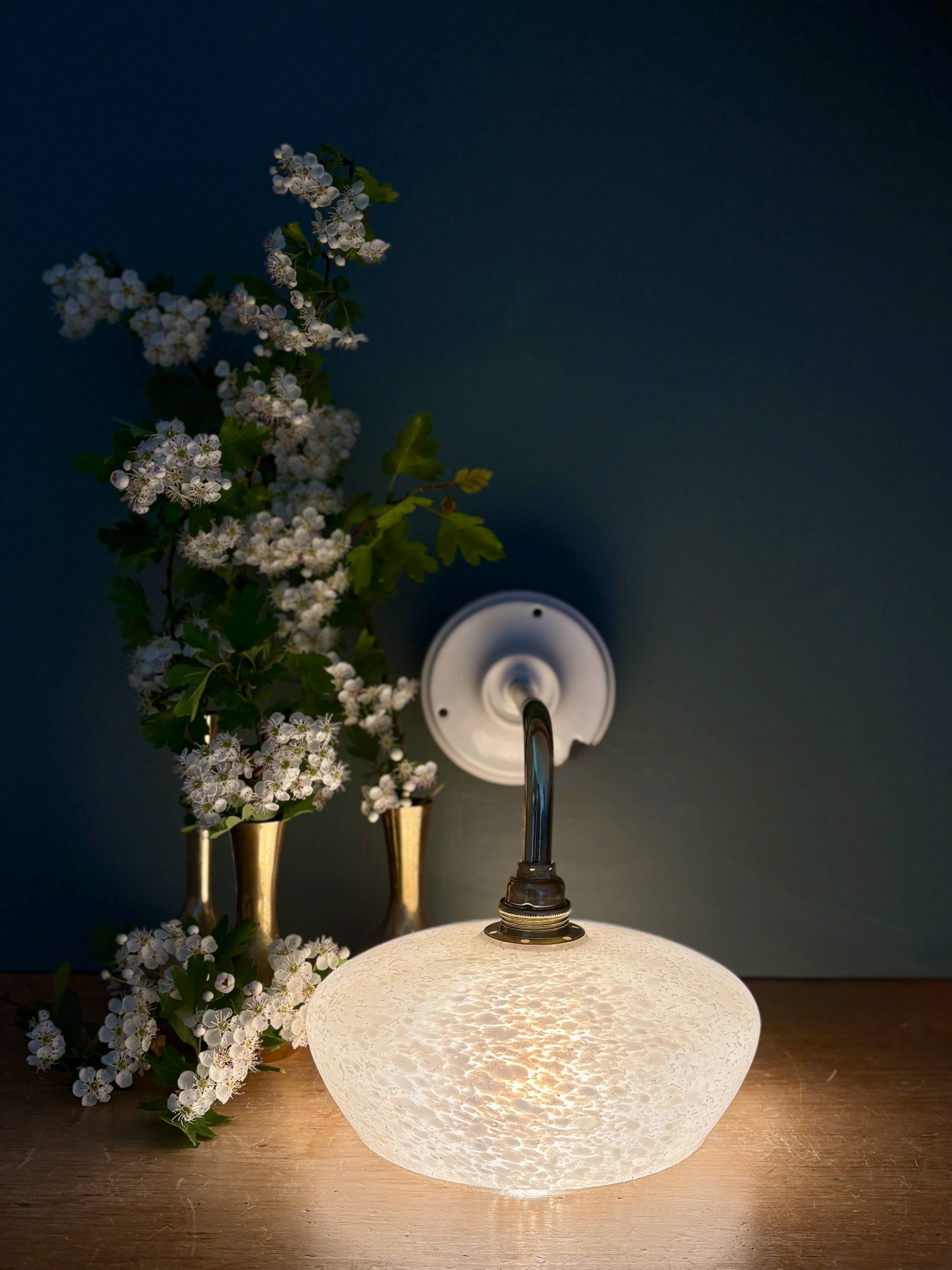 Vintage glass wall lamp with a curved arm from Clichy, white.