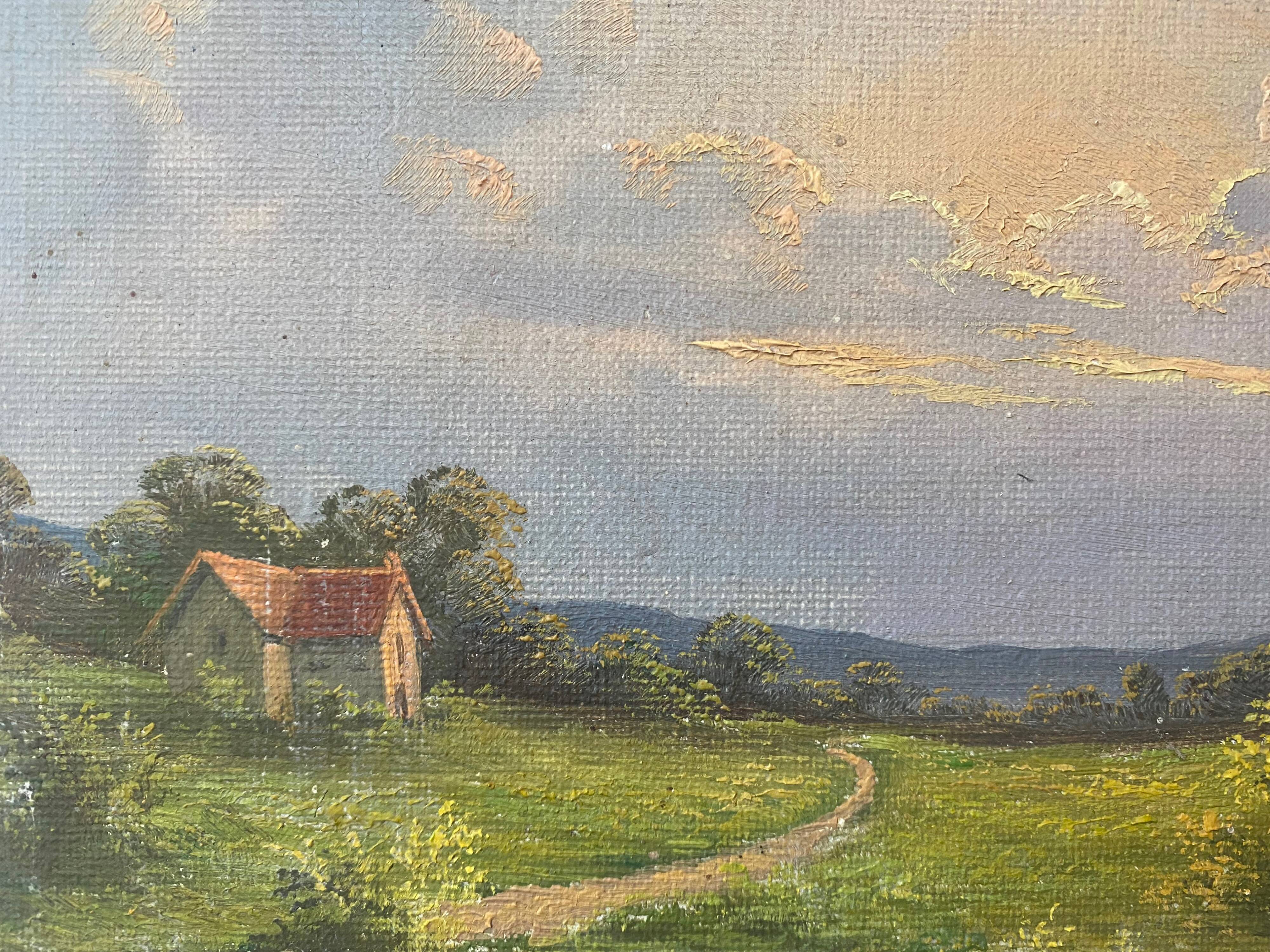 Old painting "Landscape at sunset" Mill HST signed Taerb