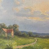 Old painting "Landscape at sunset" Mill HST signed Taerb