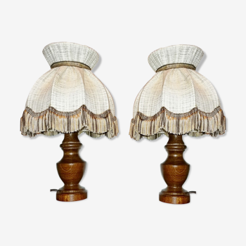 Lot of 2 Wooden Bedside Lamps at Vintage 80's Fringes