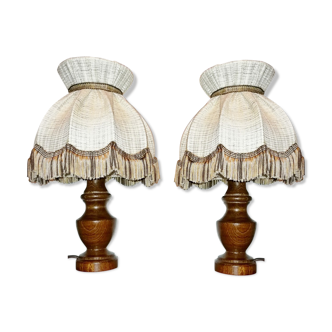 Lot de 2 lampes de chevet en bois à franges vintage 80's