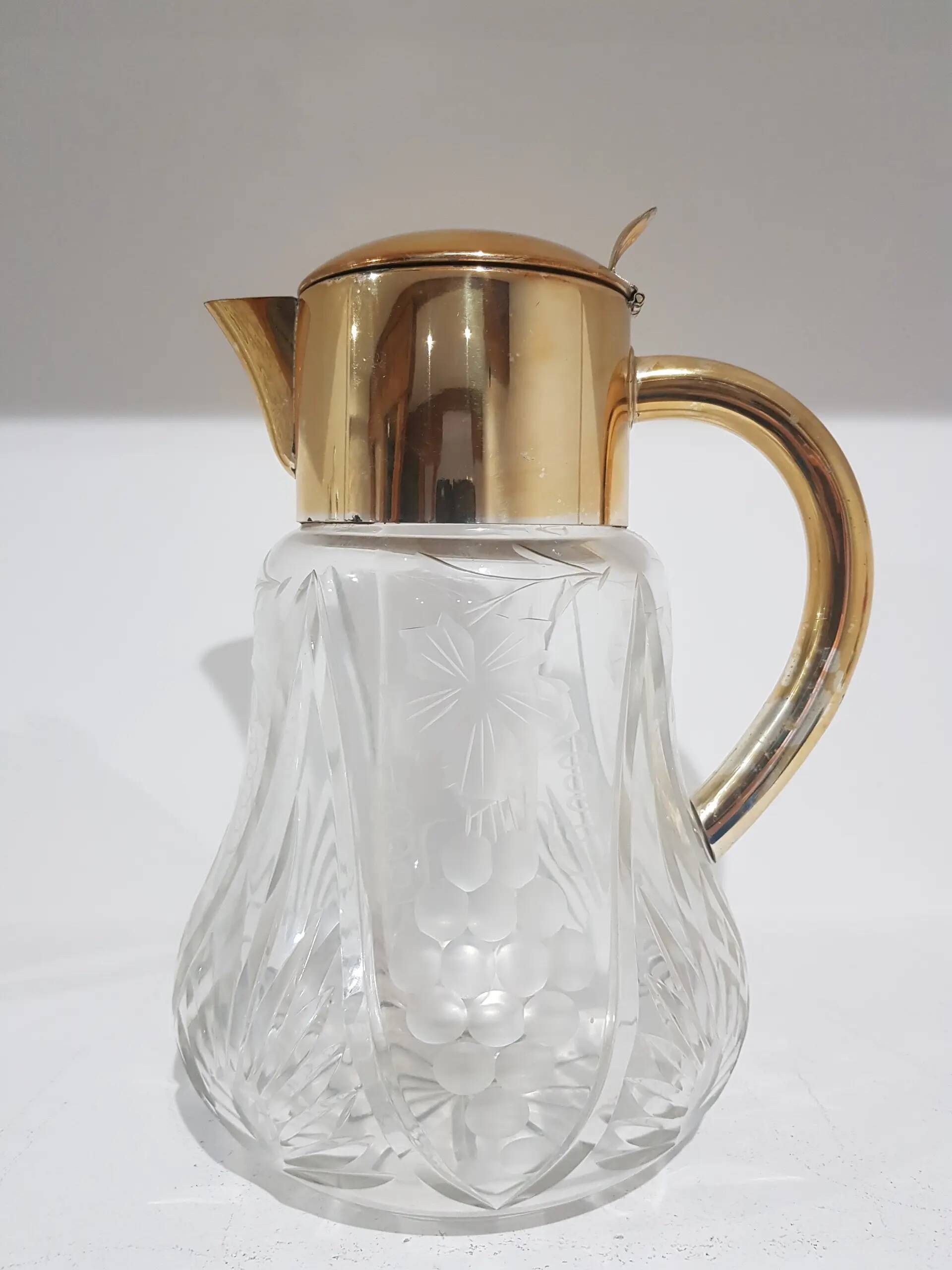 Carafe, transparent crystal, gilded brass, Germany, 1950s