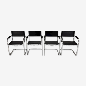 Set of 4 bauhaus cantilever tubular and leather armchairs, 1970's