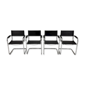 Set of 4 bauhaus cantilever tubular and leather armchairs, 1970's
