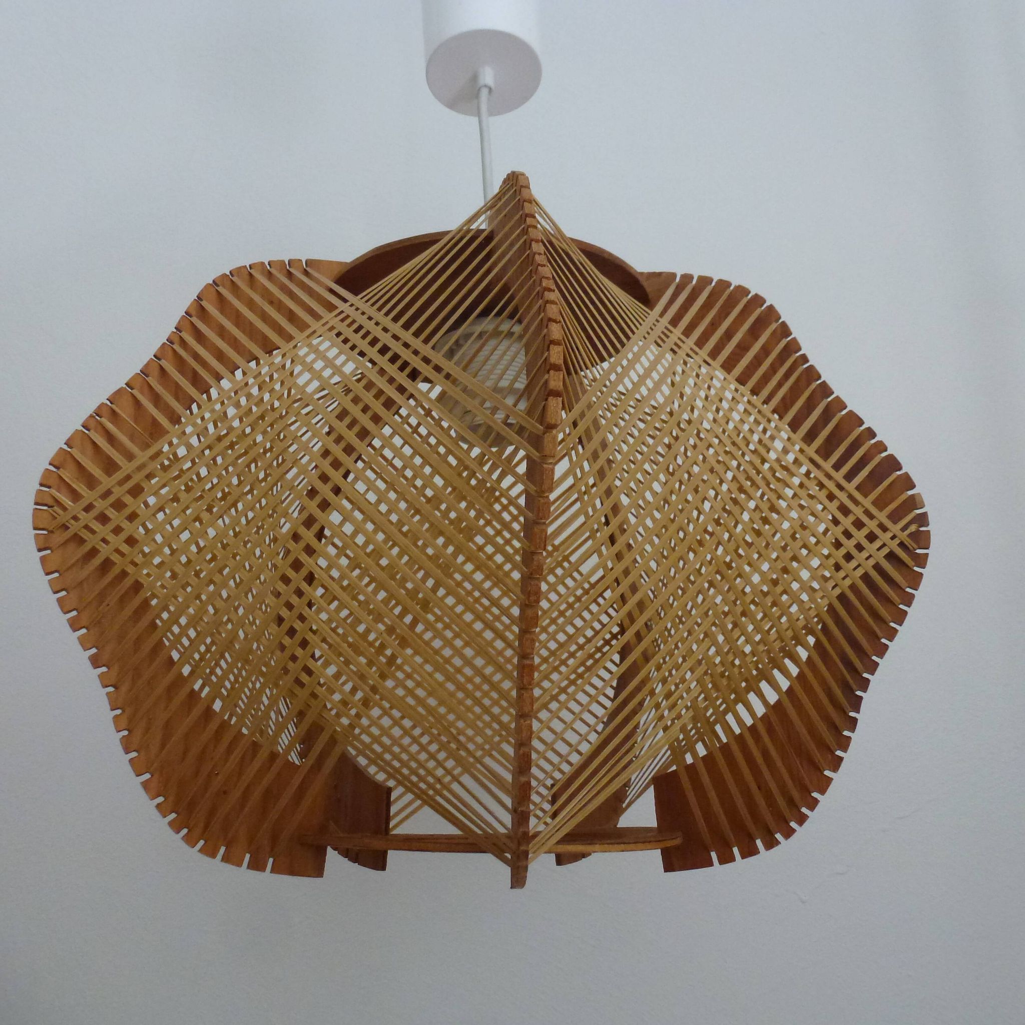 Vintage Scandinavian Pendant Lamp in Wood and Stretched Wires 1960s