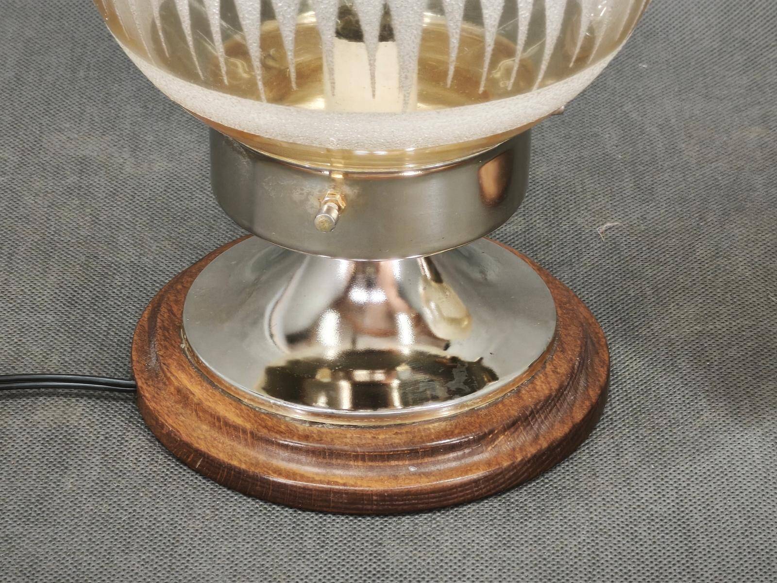 Pair of Italian Etched Glass, Chrome and Wood Table Lamps, 1950s