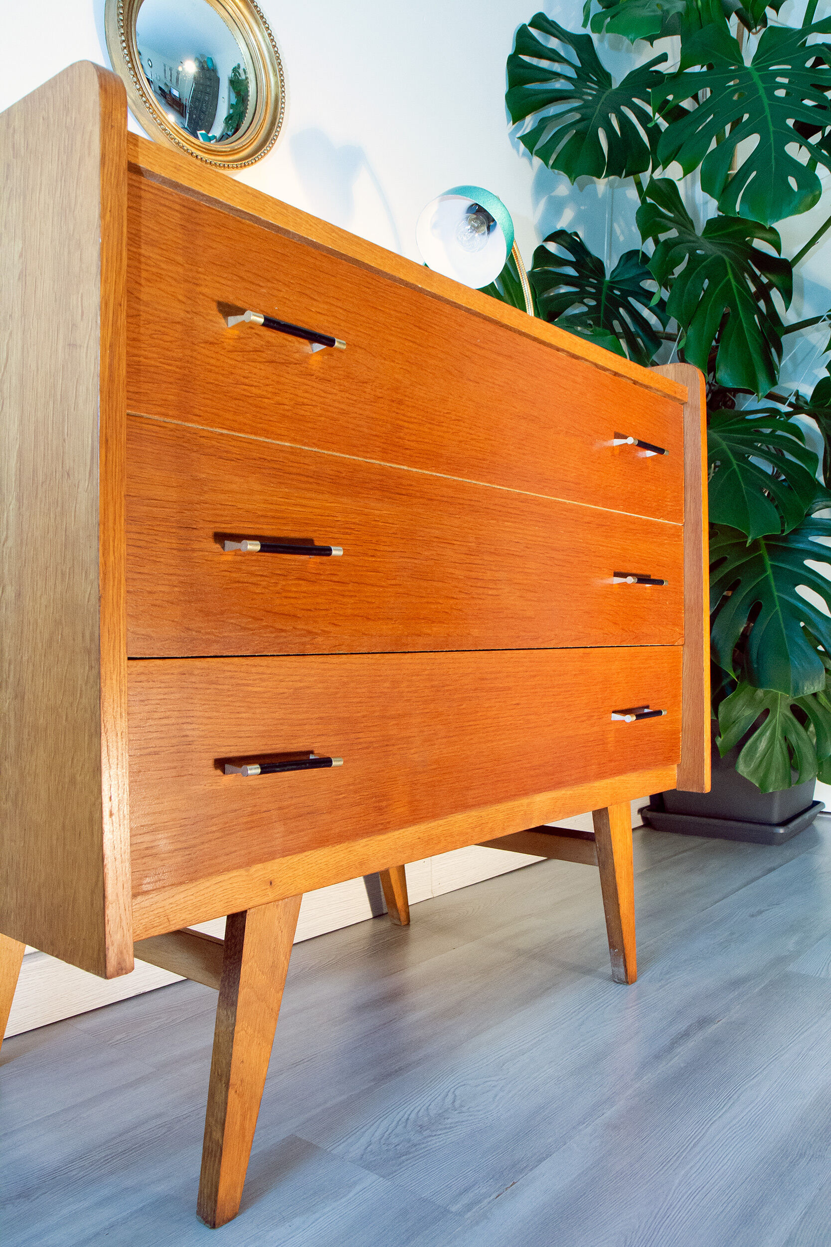 Chest of drawers year 60-70, compass foot, blond oak