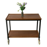 Vintage wooden and metal serving trolley on wheels with double tray