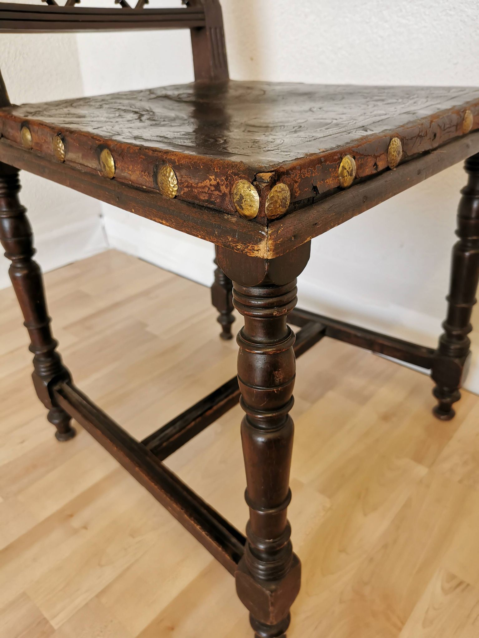 Antique 1930s Leather Dining Chair: Carved Wood Base, Metal Accents