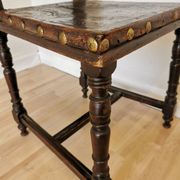 Antique 1930s Leather Dining Chair: Carved Wood Base, Metal Accents