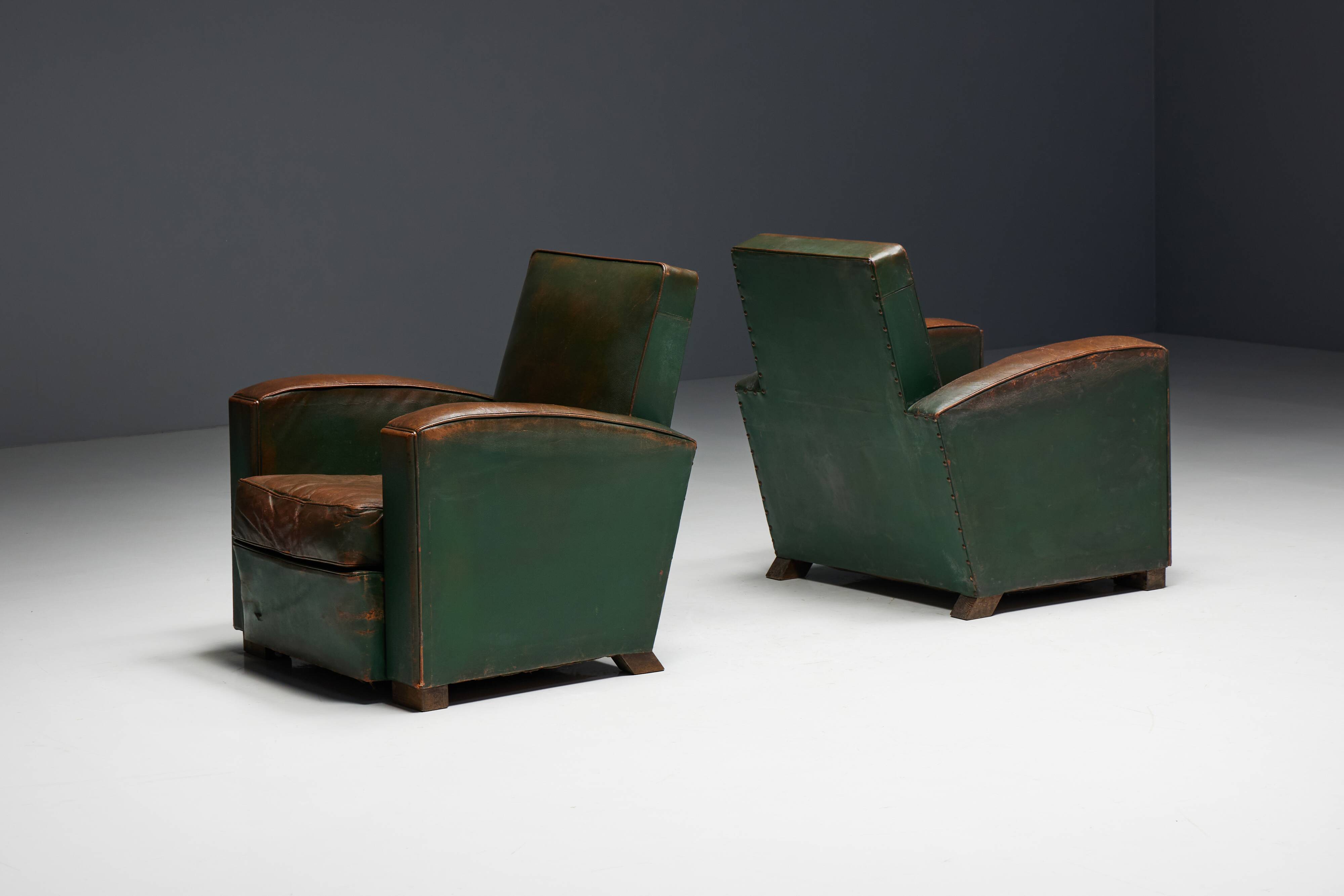 Art Deco Leather Club Chairs, France, 1930s