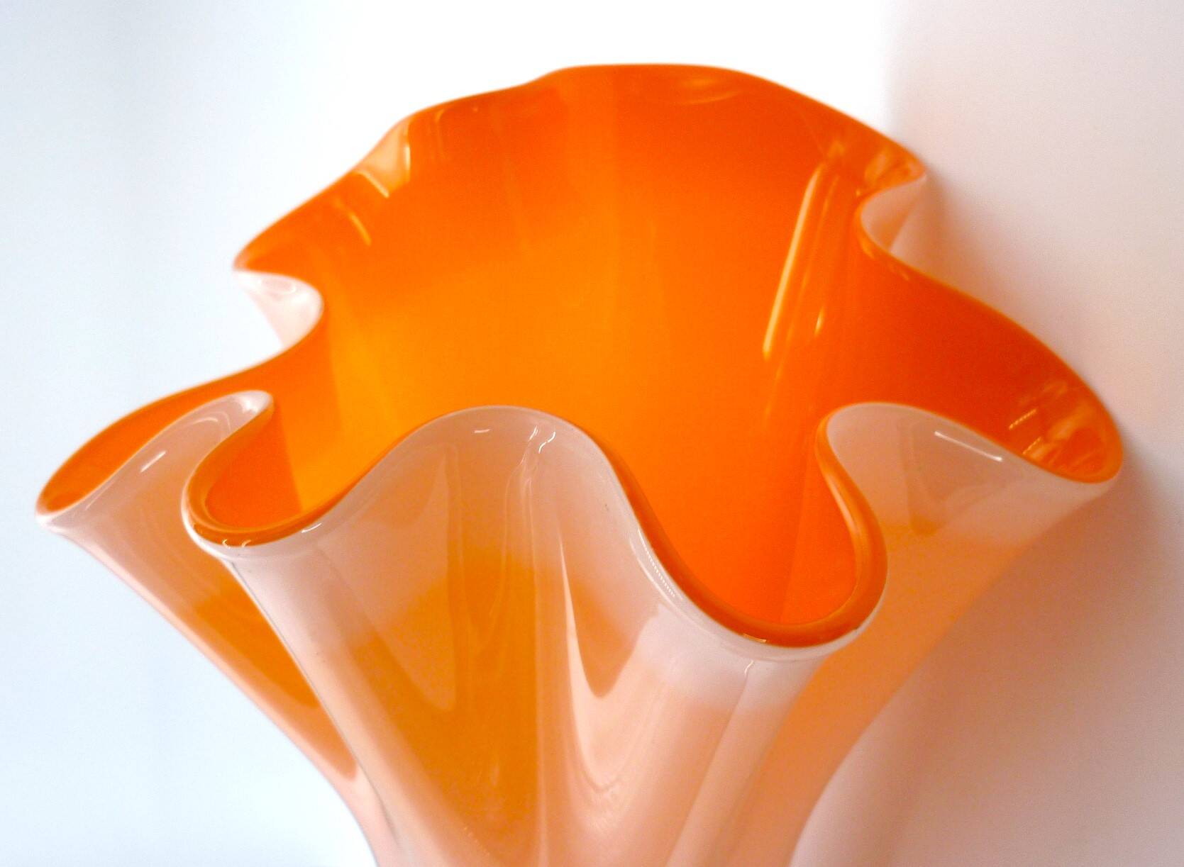 Murano handkerchief vase, blown glass, 1960s design, white and orange.