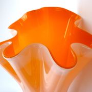 Murano handkerchief vase, blown glass, 1960s design, white and orange.