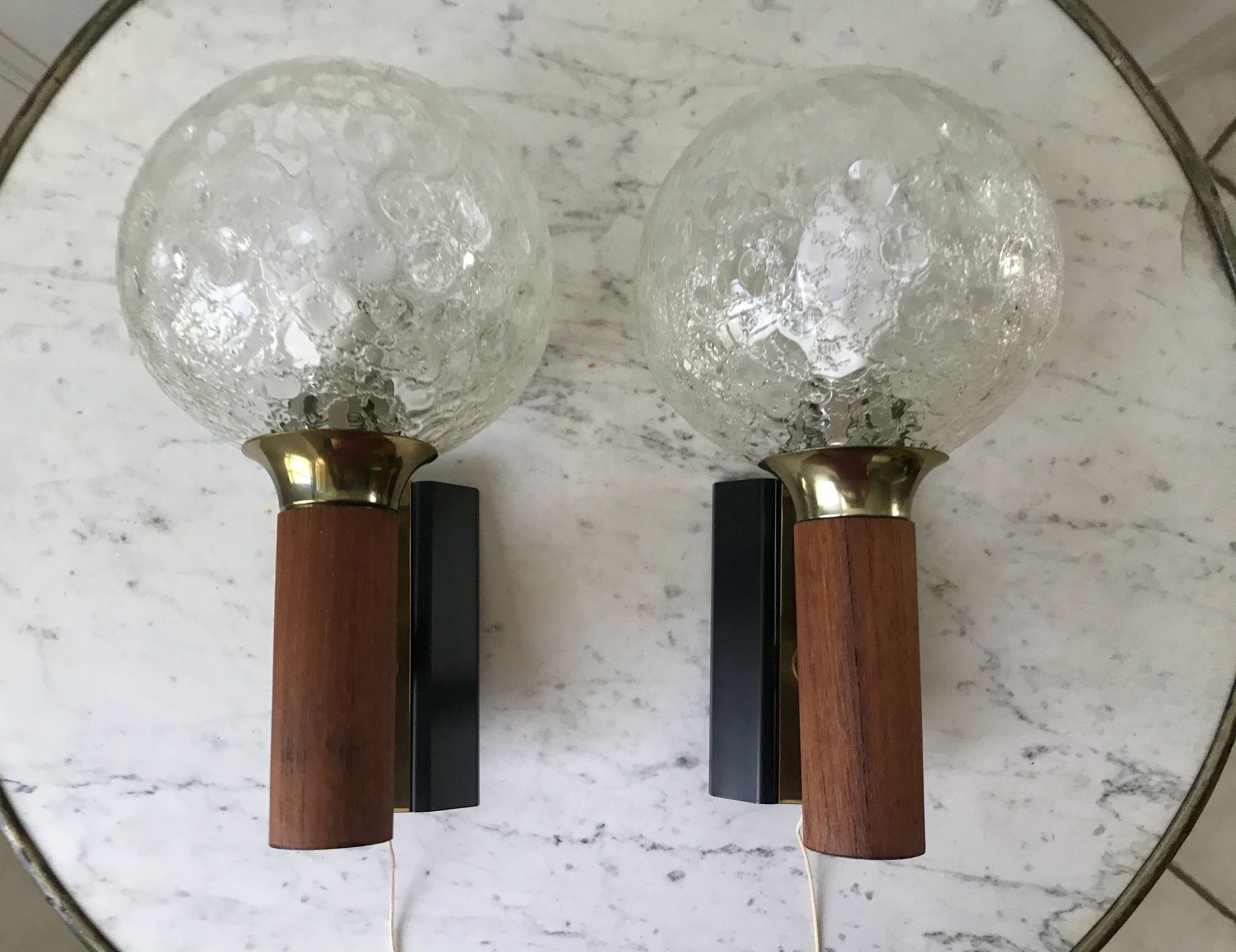 Pair of wall sconces balls in blown glass, metal and teak style 50s