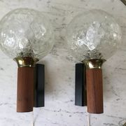 Pair of wall sconces balls in blown glass, metal and teak style 50s