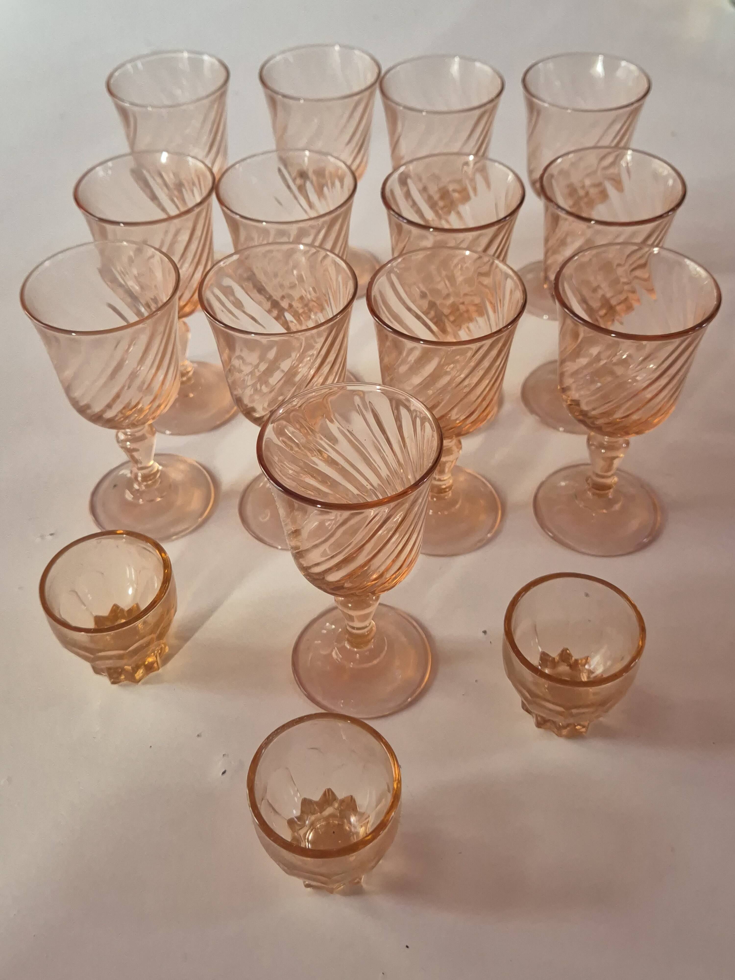 set of 12 stemmed glasses and 3 small vintage pink liqueur glasses in rosaline