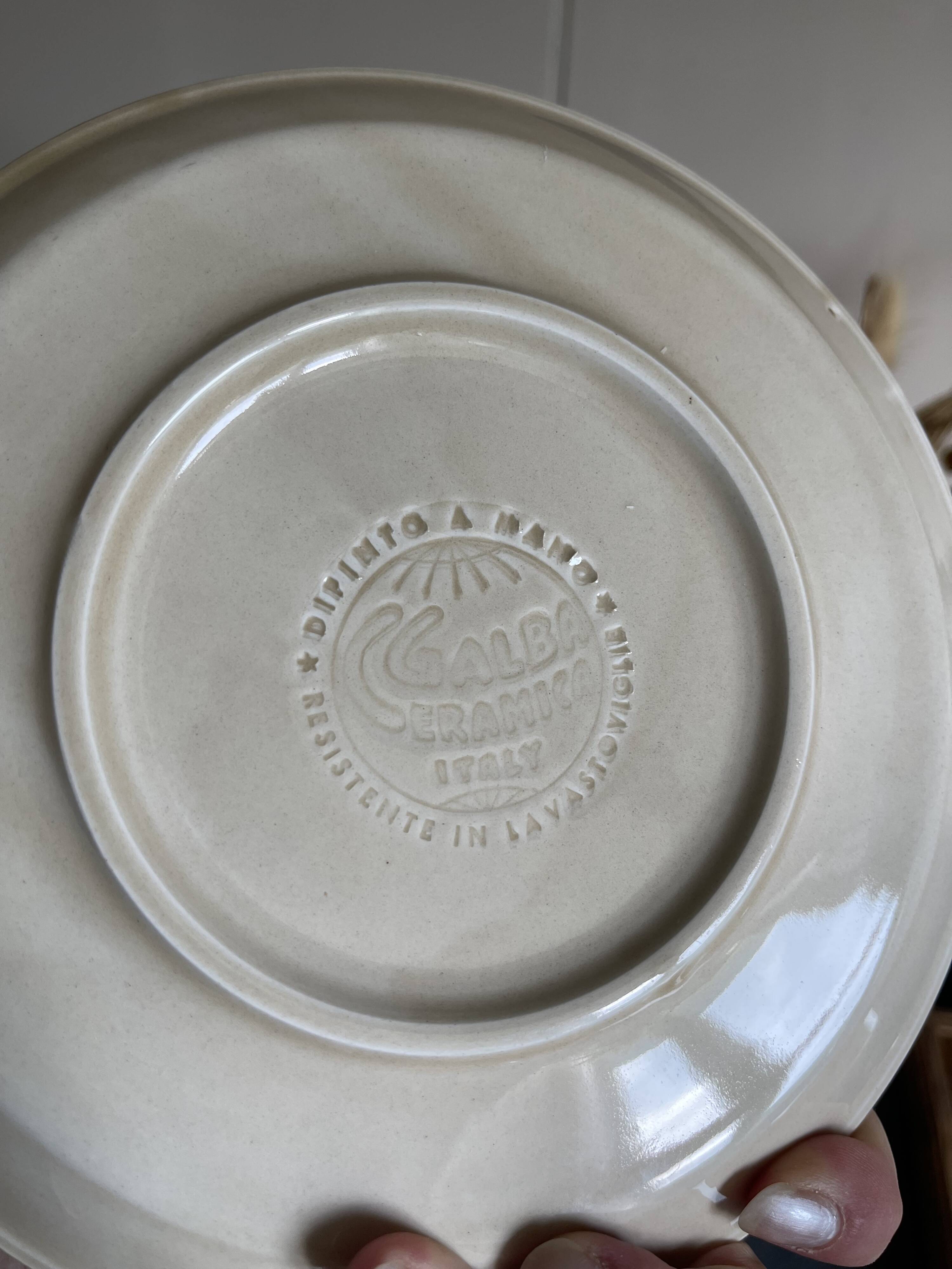 Italian ceramic plates with floral fruit designs.