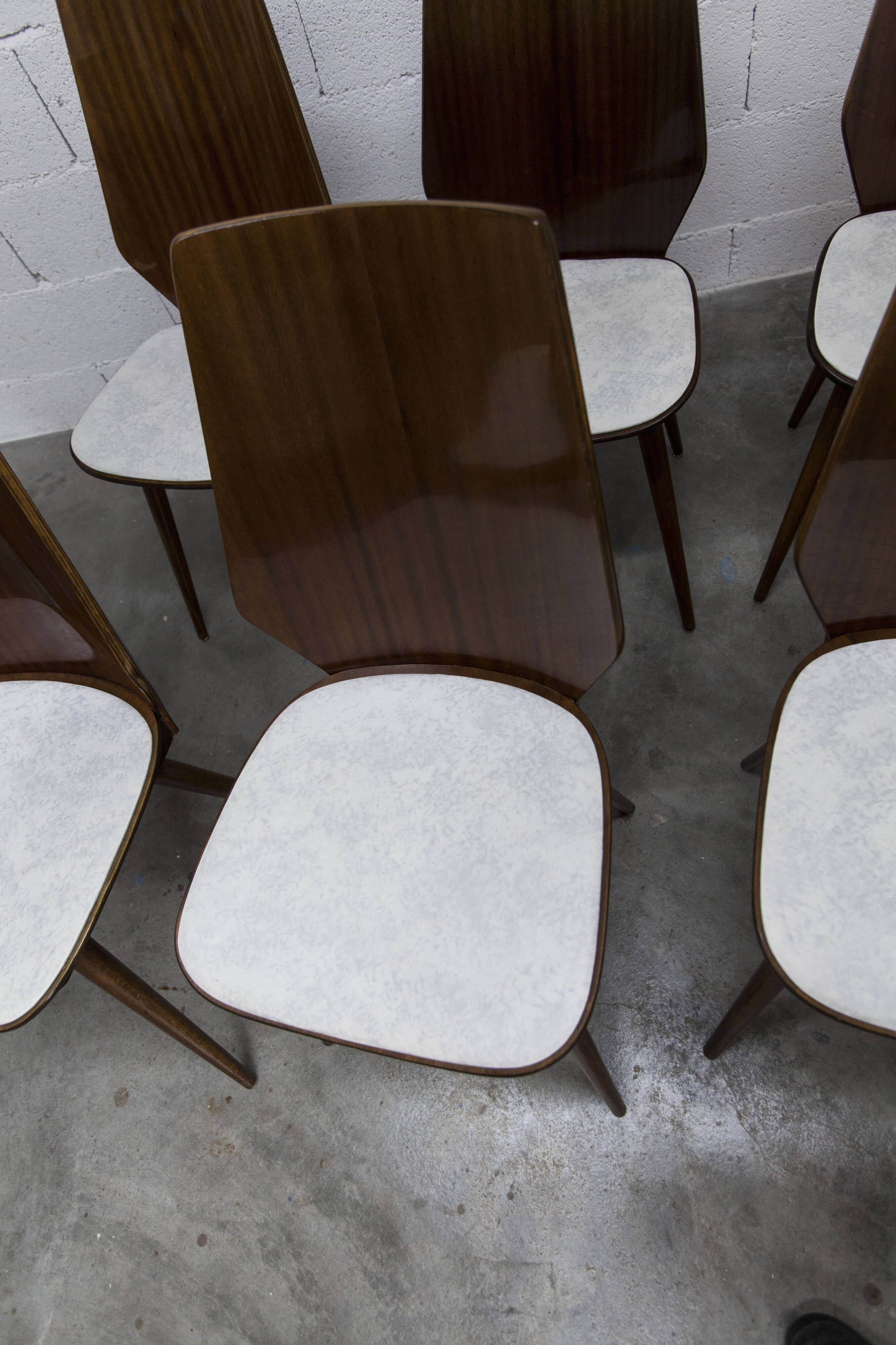 Set of 6 Baumann model 840 G2S chairs in varnished mahogany finish, 1963