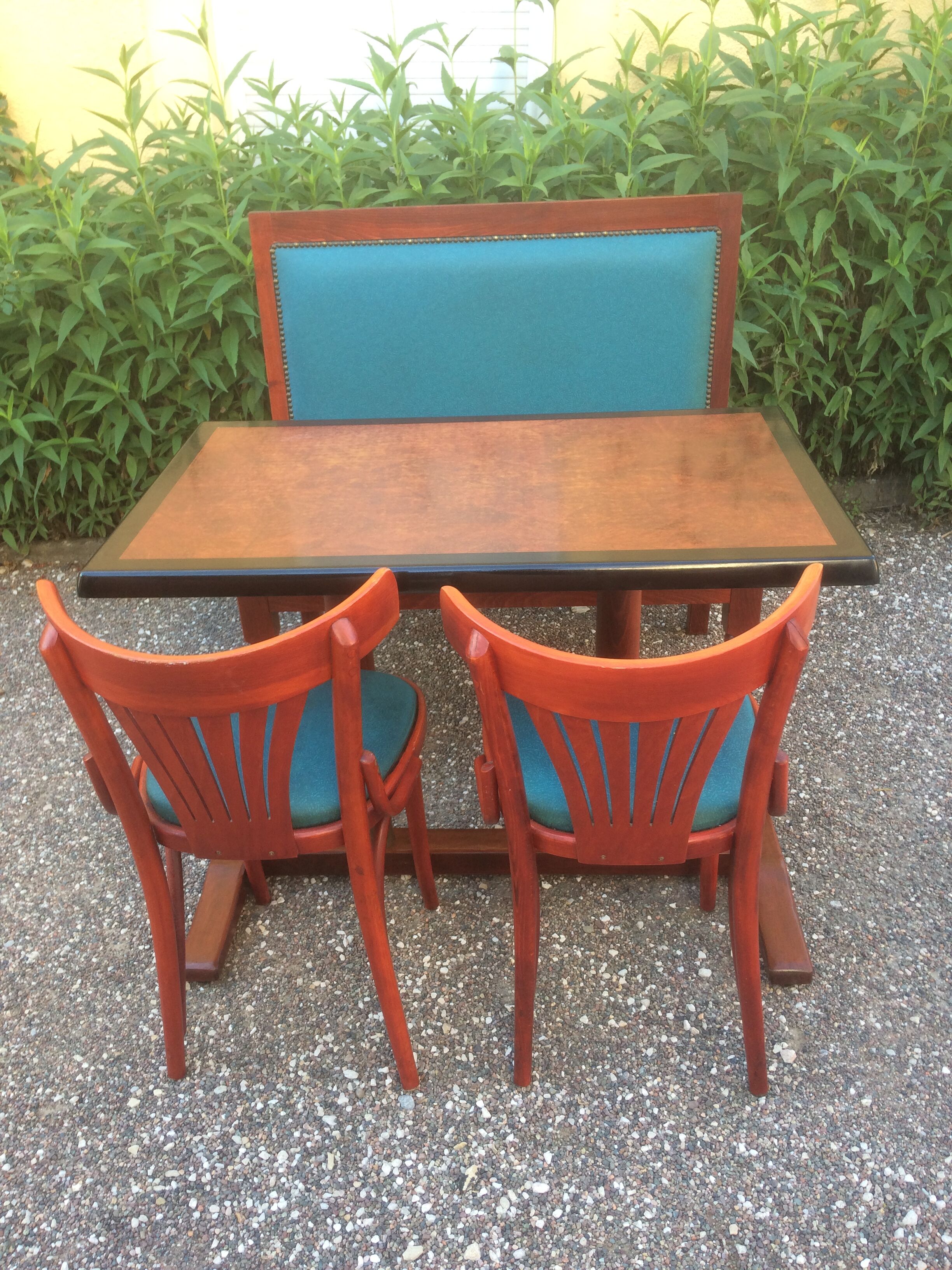 Bistro table, two chairs, one bench
