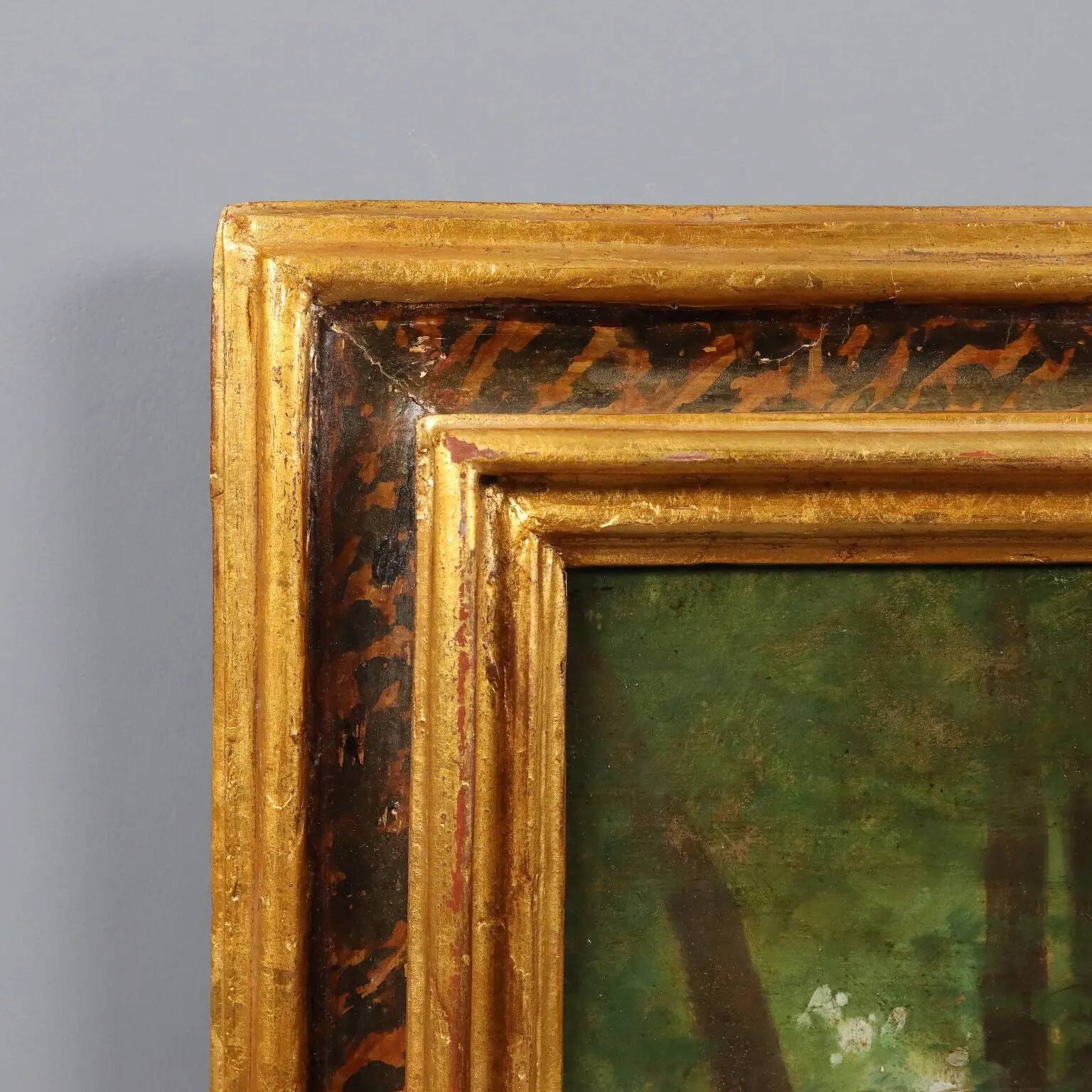 Old painting "Deer in the Woods" oil on canvas France 19th century