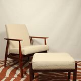 Scandinavian style set lounge chair and ottoman footrest in boucle fabric natural dark wood Mid Cent