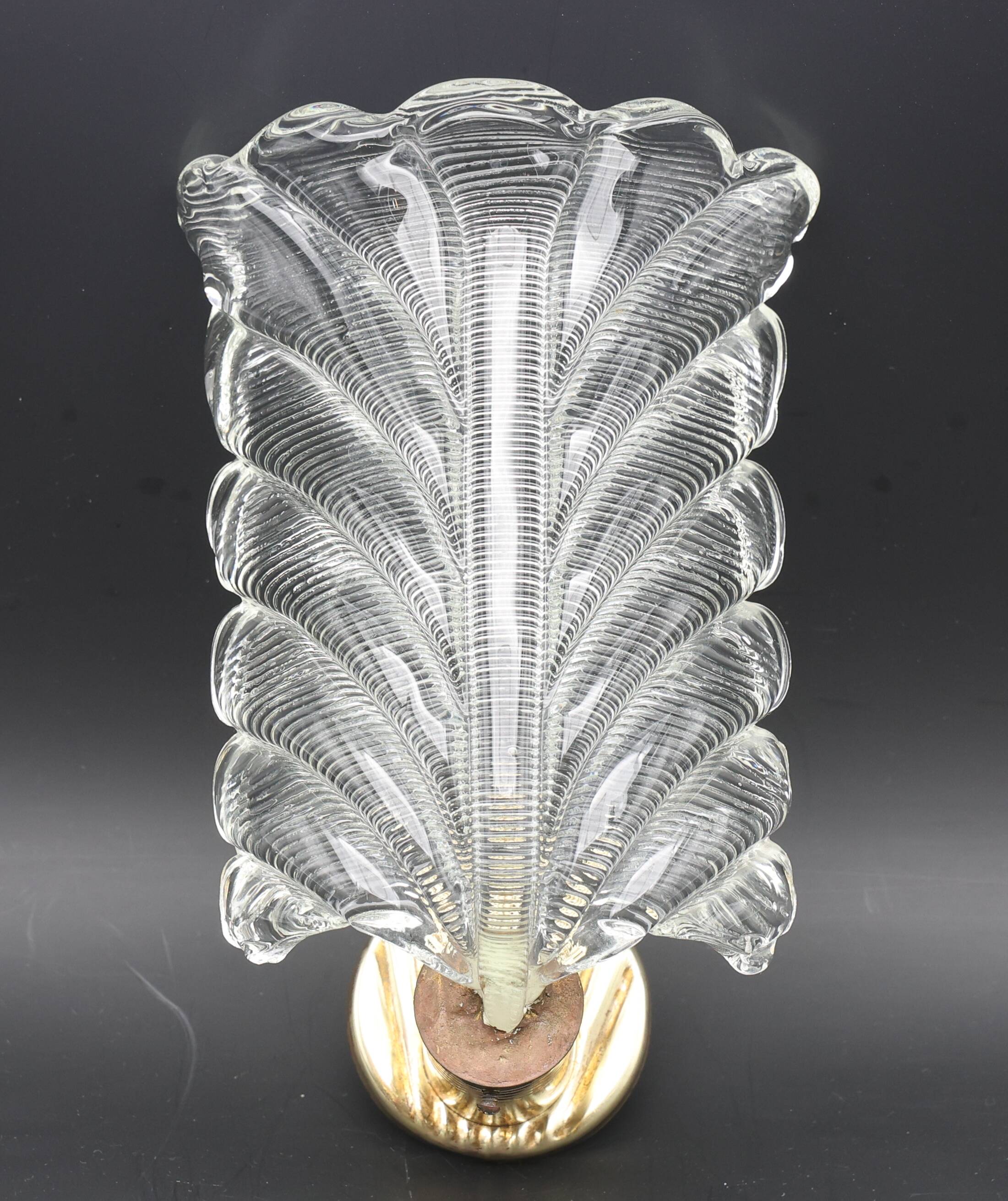 Art Decò Wall light Trasparent Murano Glass Leave by Barovier e Toso, 1950s