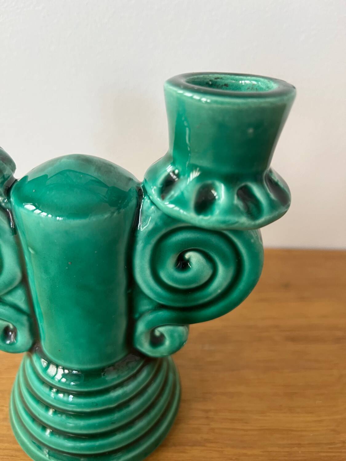 Vallauris green ceramic double candlestick