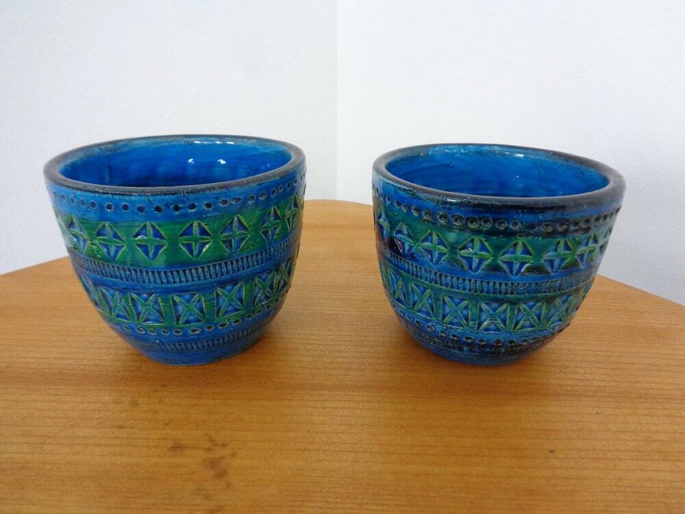 Italian Rimini Blue Ceramic Cachepots by Aldo Londi for Bitossi, 1960s, Set of 2