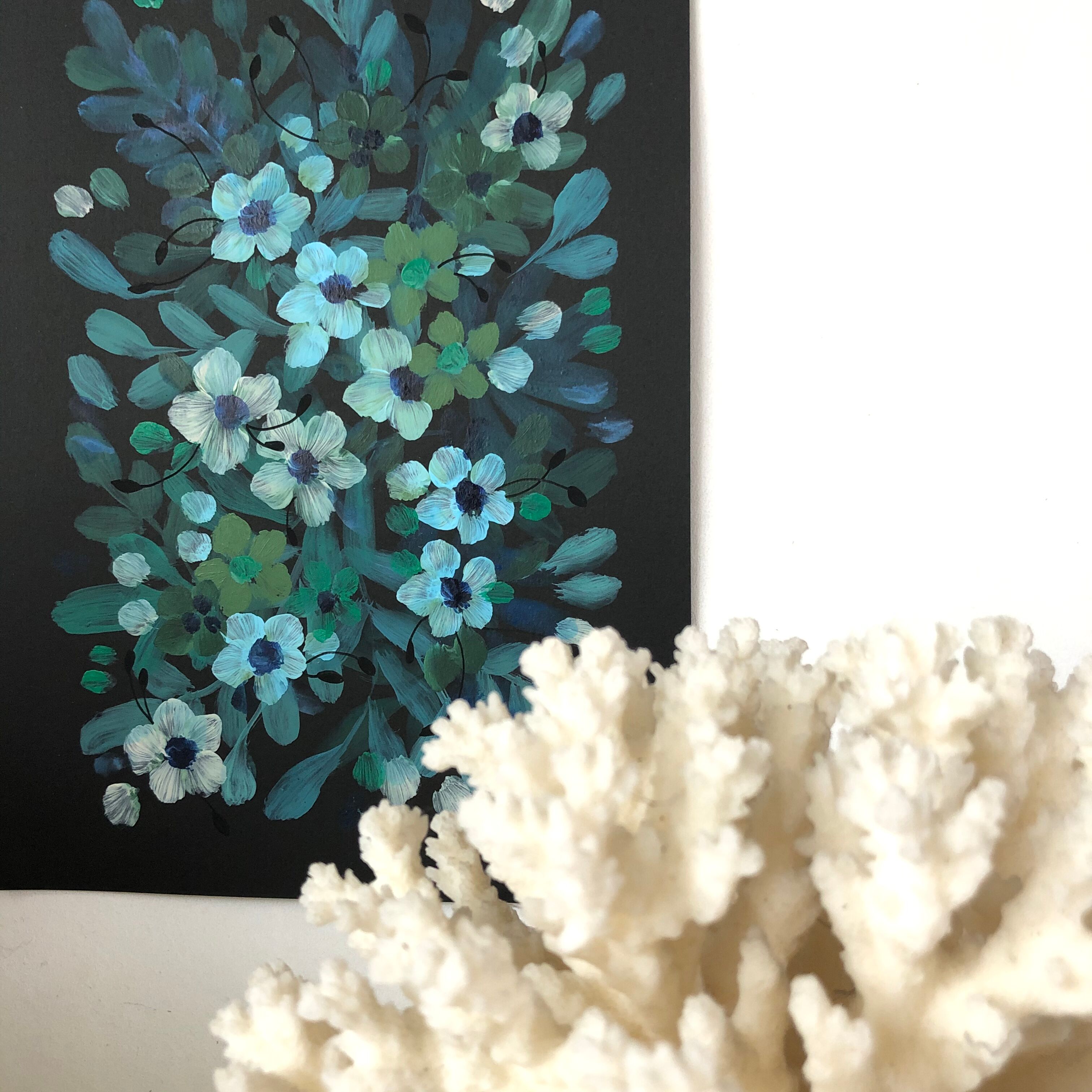 Peinture A4 Feuillages et fleurs bleues